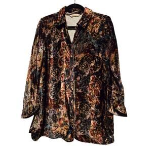 Soft Surroundings Womens Floral Velvet Shirt MED Silk Blend Button Up Boho Artsy